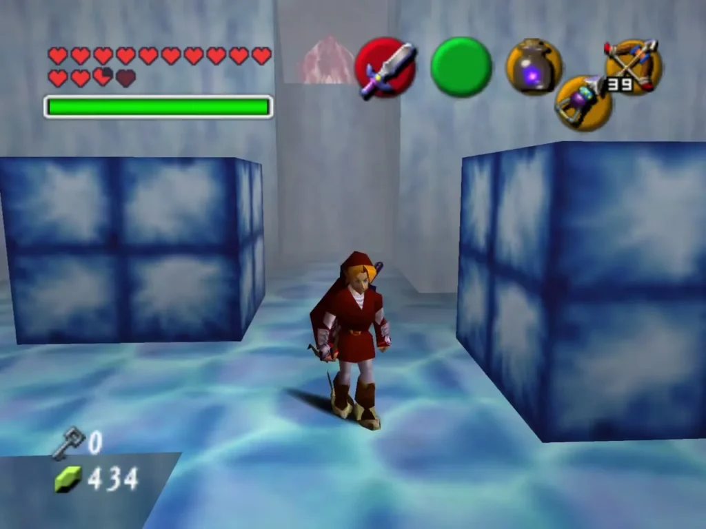 Link standing among blue ice blocks, the rupee count reading 434 Link standing among blue ice blocks, the rupee count reading 434