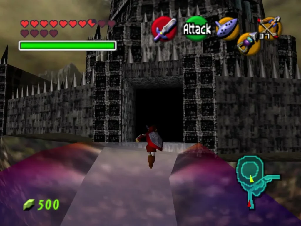 Link standing before the dark gate of Ganon's Castle Link standing before the dark gate of Ganon's Castle