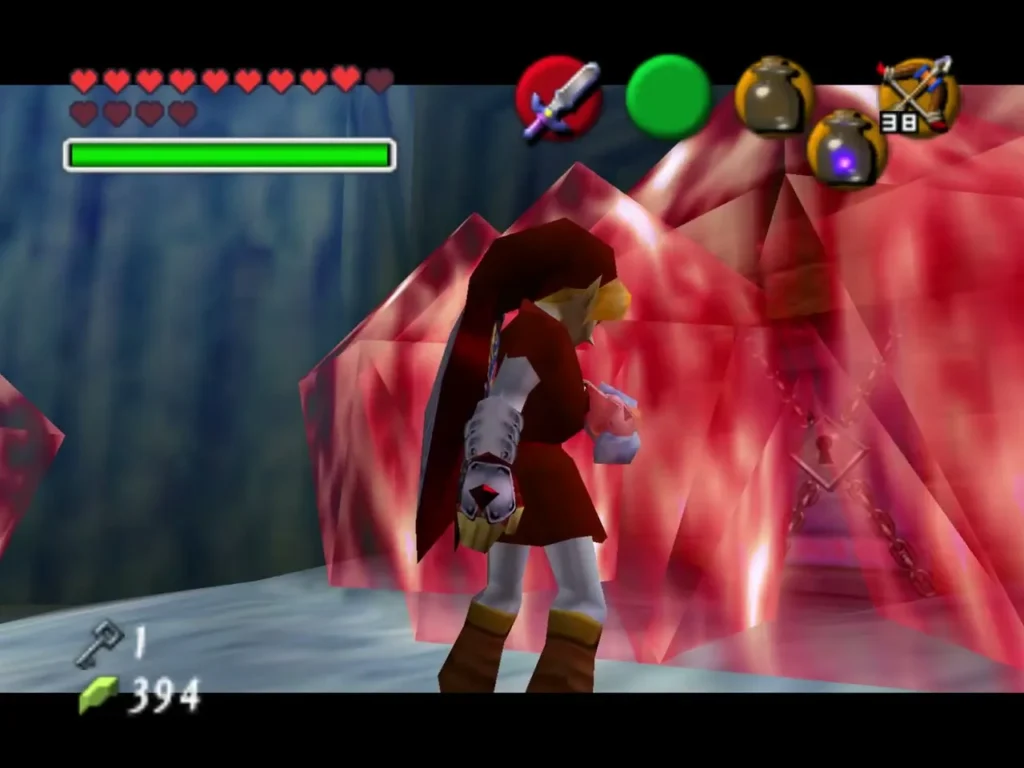 Link standing in front of a wall of red ice Link standing in front of a wall of red ice