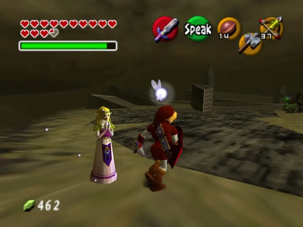 Zelda standing near Link in the arena as a fairy hovers nearby, with the Speak prompt showing Zelda standing near Link in the arena as a fairy hovers nearby, with the Speak prompt showing