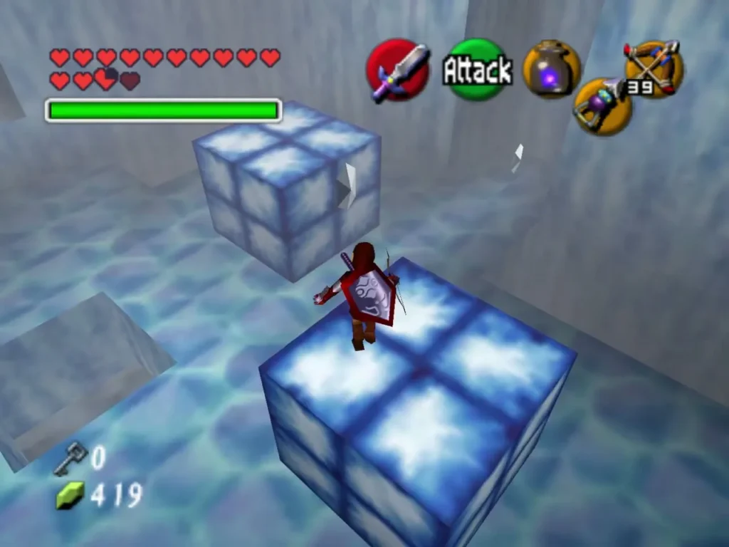 Link standing on top of a blue ice block in the water room Link standing on top of a blue ice block in the water room