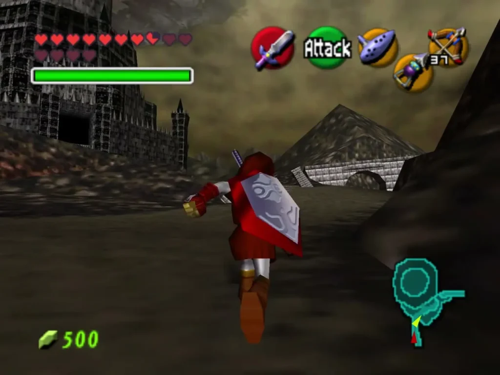 Link running up the dark path toward Ganon's Castle with the ruined stone bridge behind him Link running up the dark path toward Ganon's Castle with the ruined stone bridge behind him