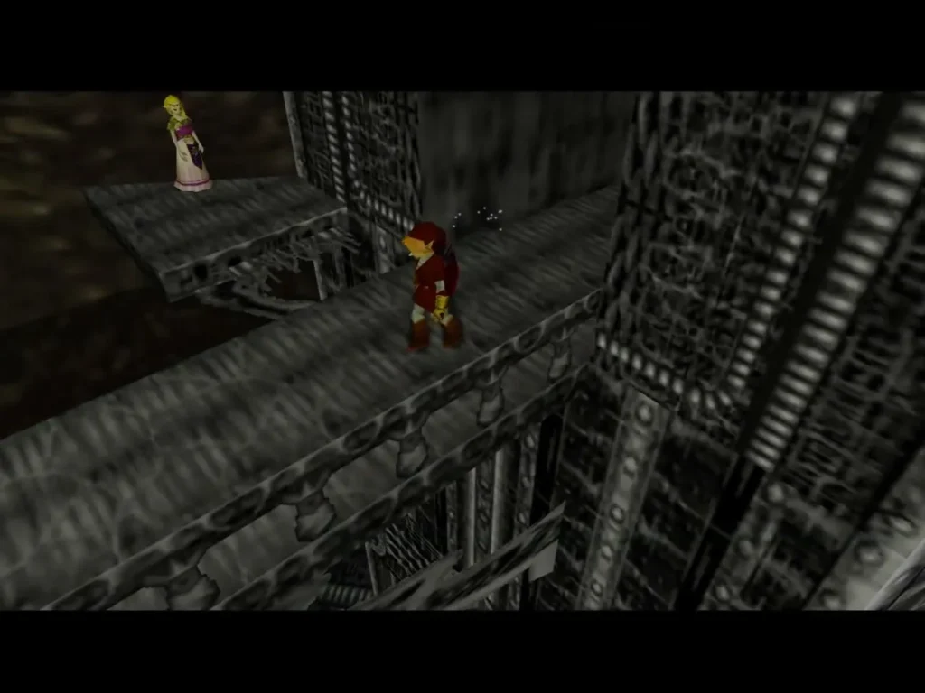 Link crossing a narrow broken walkway while Zelda waits ahead Link crossing a narrow broken walkway while Zelda waits ahead