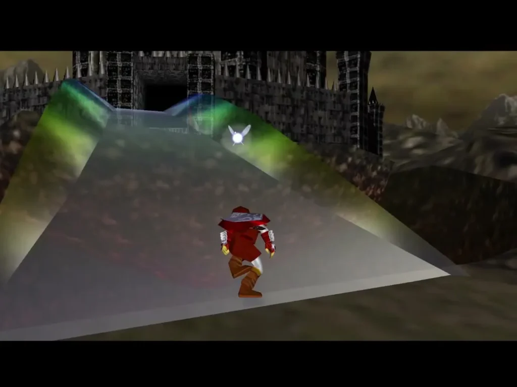 Link walking across the rainbow bridge toward the castle gate Link walking across the rainbow bridge toward the castle gate
