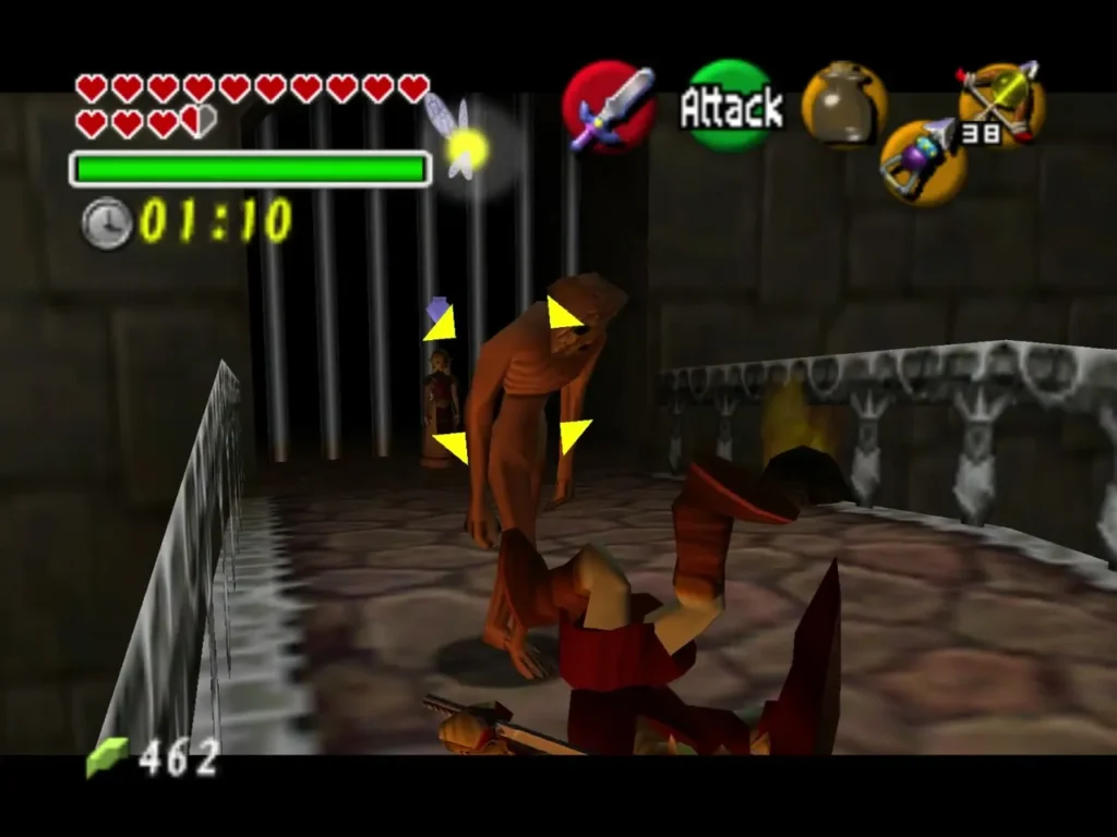 Link fighting a ReDead beside a barred cell in a stone hall Link fighting a ReDead beside a barred cell in a stone hall