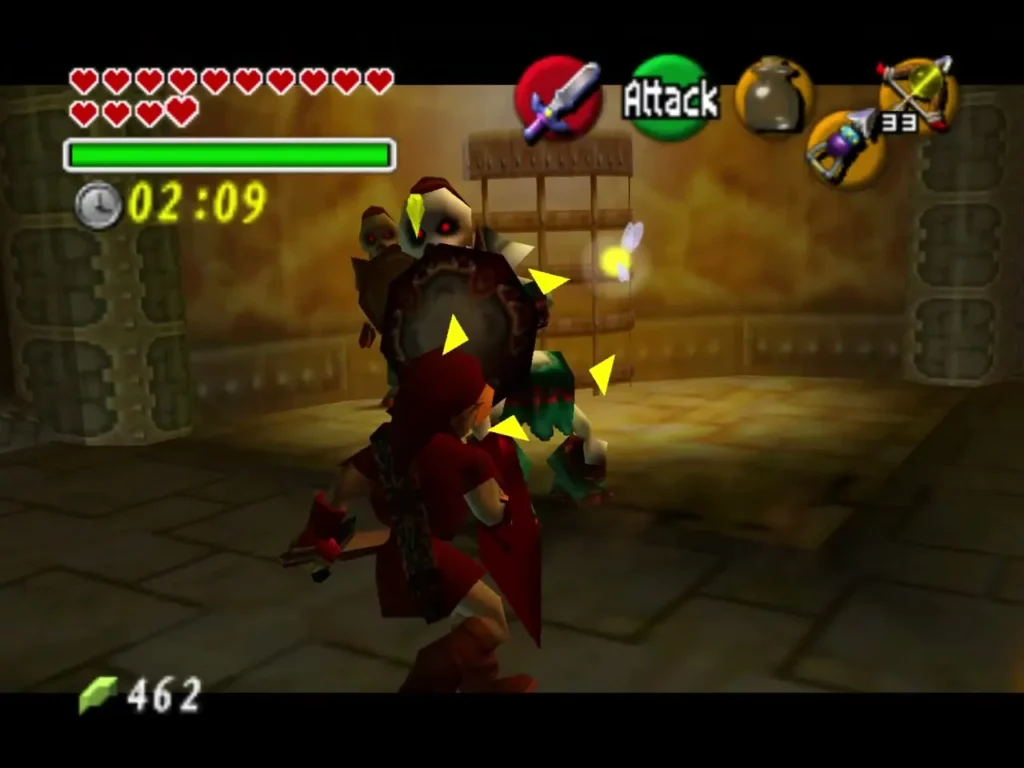 Link battling two Stalfos in front of a barred gate in the burning hall Link battling two Stalfos in front of a barred gate in the burning hall