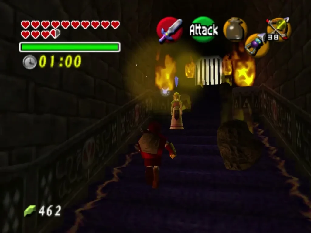 Link following Zelda up a torch-lit staircase past flaming walls Link following Zelda up a torch-lit staircase past flaming walls