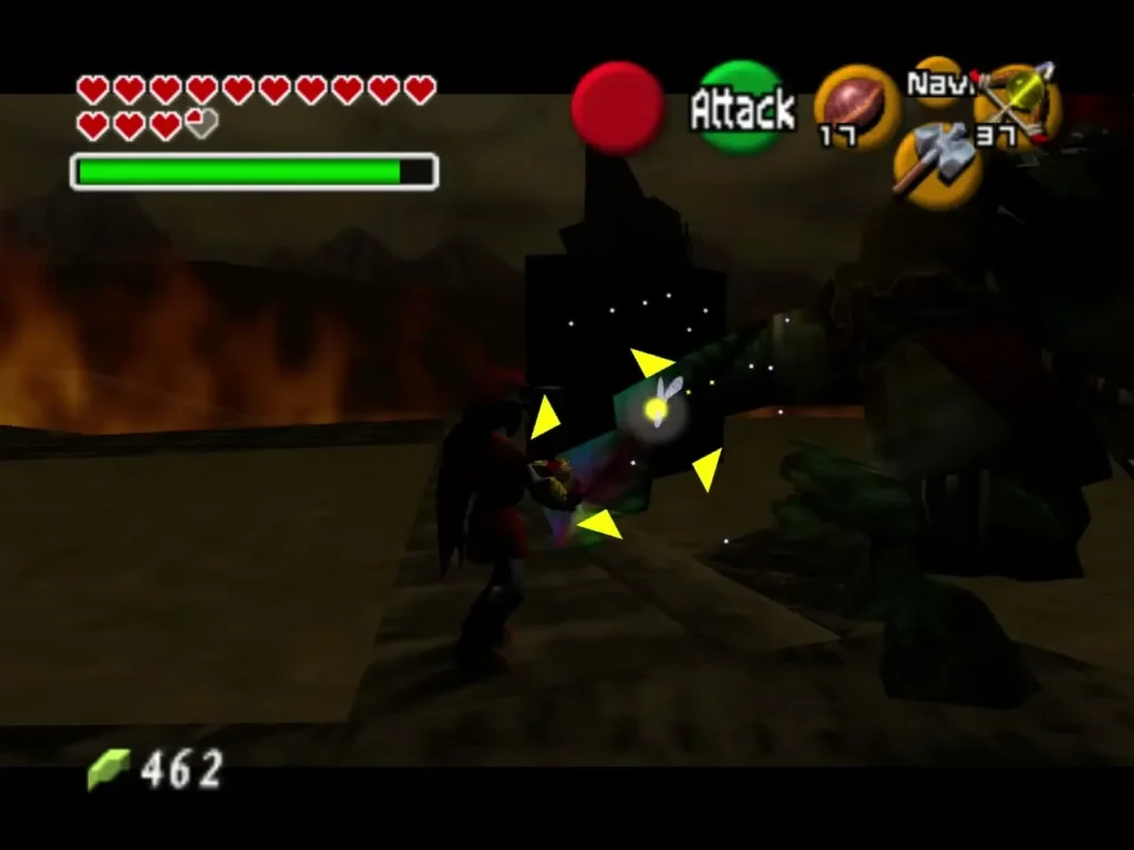 Link striking Ganon on his glowing tail in the dark arena Link striking Ganon on his glowing tail in the dark arena