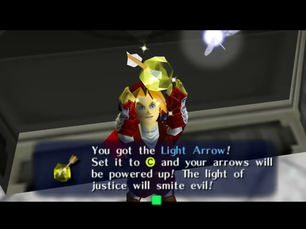 Link holding up the Light Arrow with the complete "You got the Light Arrow!" message Link holding up the Light Arrow with the complete "You got the Light Arrow!" message