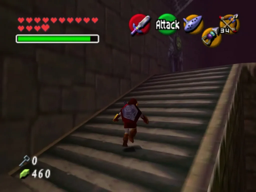 Link in a stone passage beside a stairway as he leaves the Scrub room Link in a stone passage beside a stairway as he leaves the Scrub room