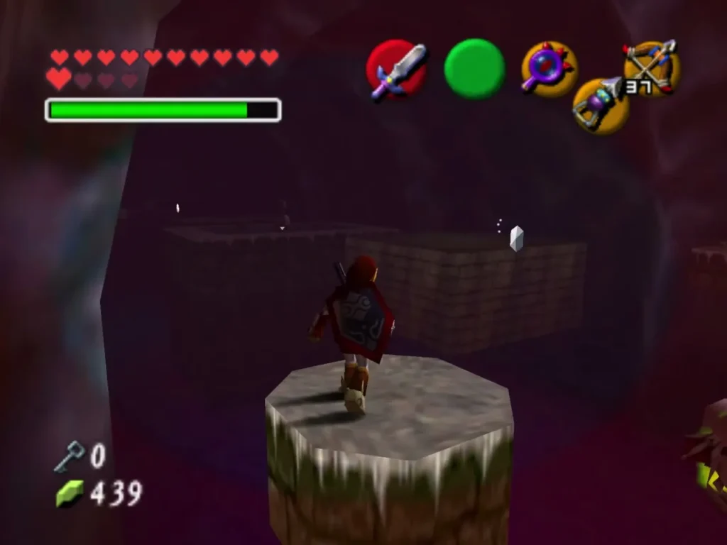 Link standing on a mossy stone pillar above the dark pit in the Shadow Trial Link standing on a mossy stone pillar above the dark pit in the Shadow Trial