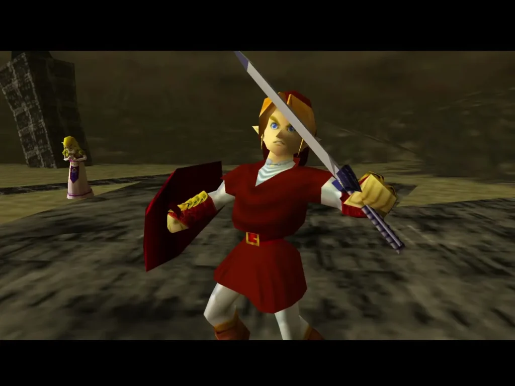 Link raising the Master Sword with Zelda standing behind him Link raising the Master Sword with Zelda standing behind him