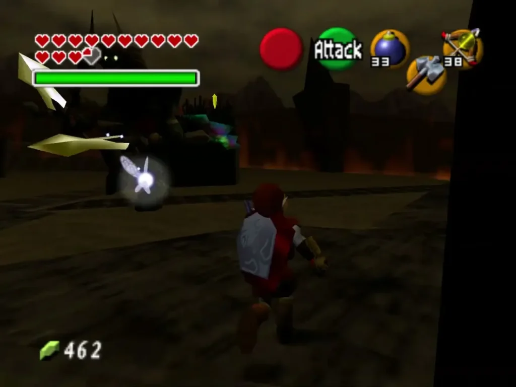 Link running across the dark arena toward Ganon and his raised twin swords Link running across the dark arena toward Ganon and his raised twin swords