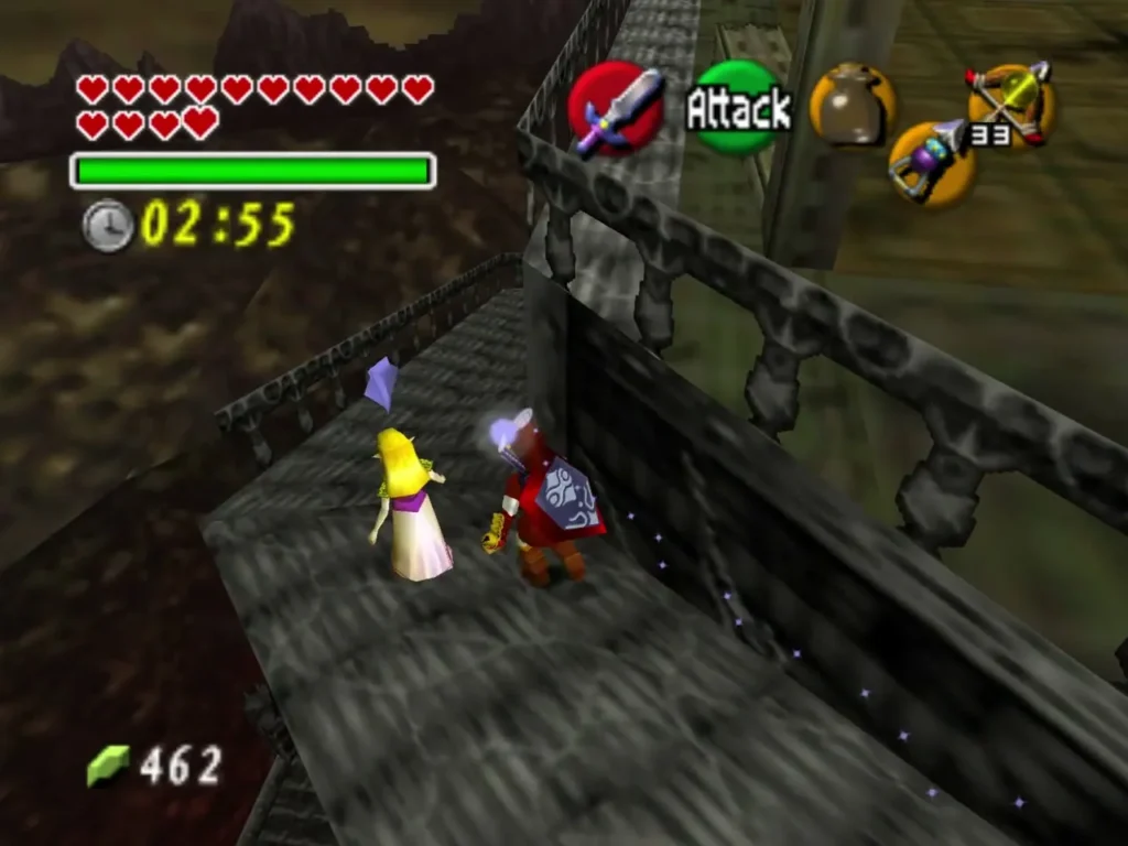Link and Zelda running down a stone path with the escape timer counting down Link and Zelda running down a stone path with the escape timer counting down