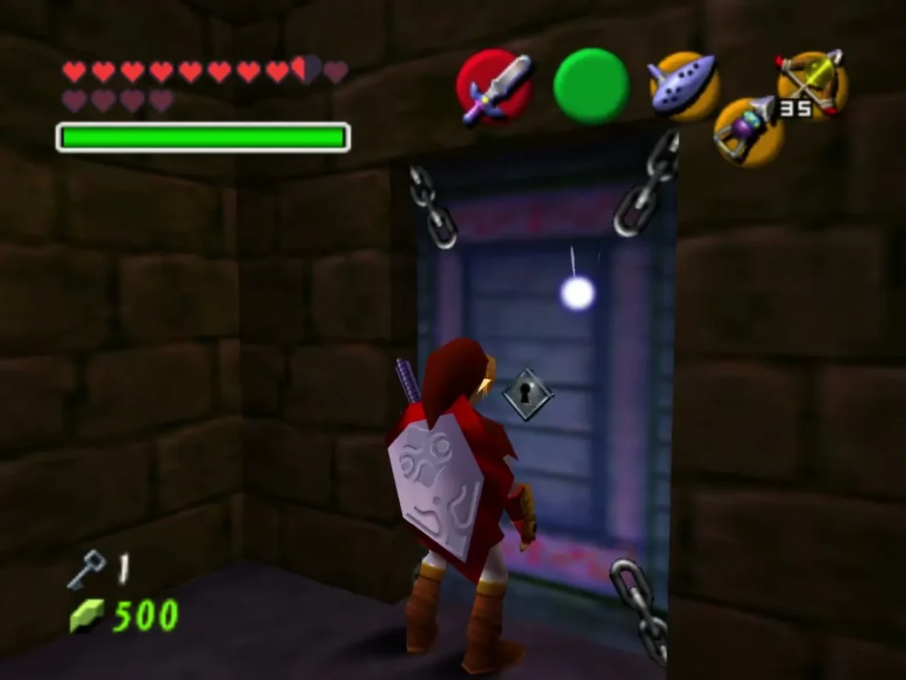 Link at the chained locked door as it swings open, with one Small Key left in hand Link at the chained locked door as it swings open, with one Small Key left in hand