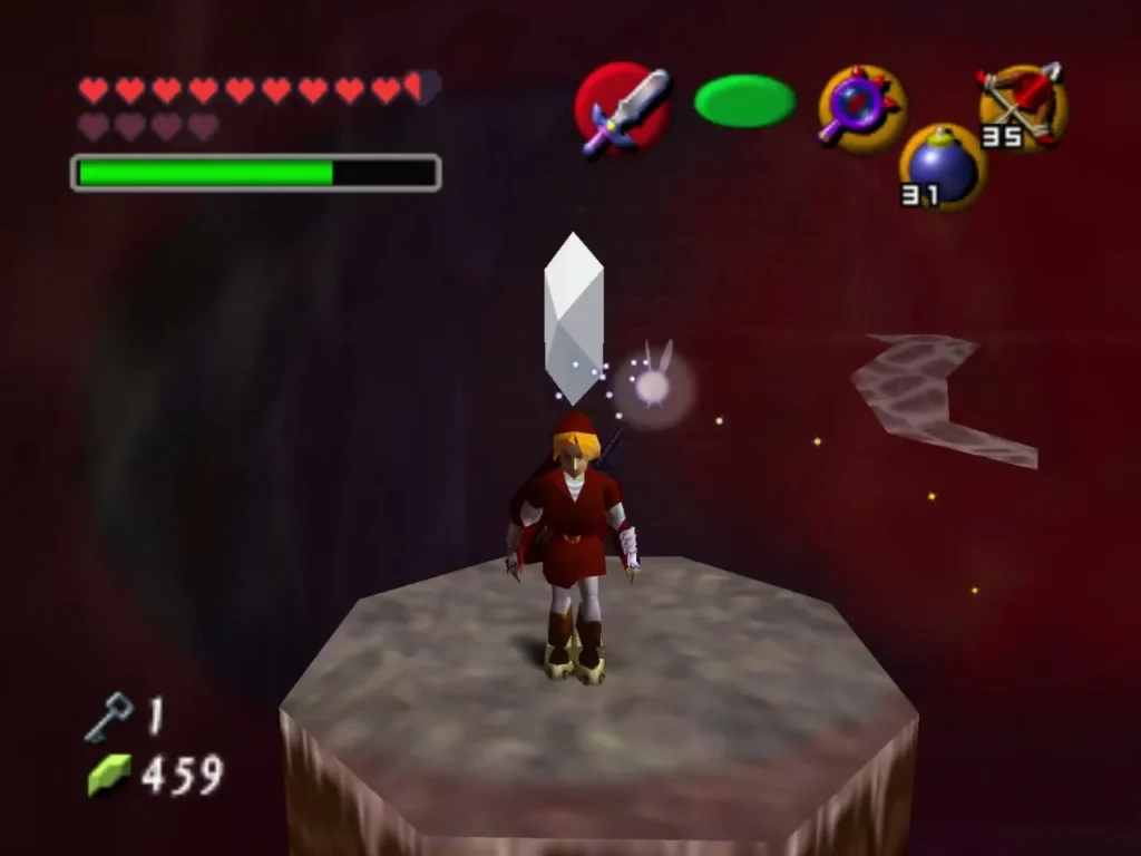 Link on the lone platform with a Silver Rupee rising above him Link on the lone platform with a Silver Rupee rising above him