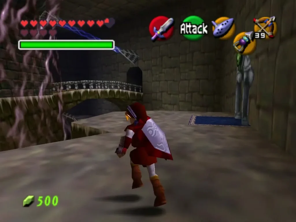 Link walking the stone main hall past a bridge and a statue, webbing hanging from the walls Link walking the stone main hall past a bridge and a statue, webbing hanging from the walls