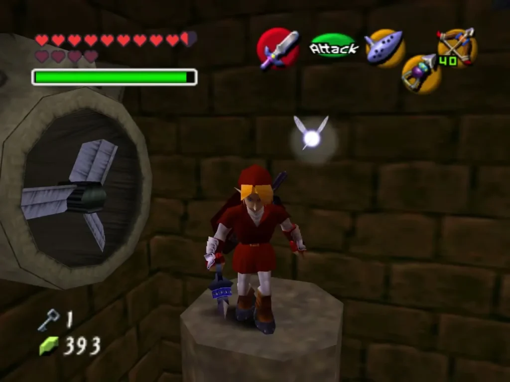 Link standing on a stone pedestal beside a fan, with a fairy floating overhead Link standing on a stone pedestal beside a fan, with a fairy floating overhead