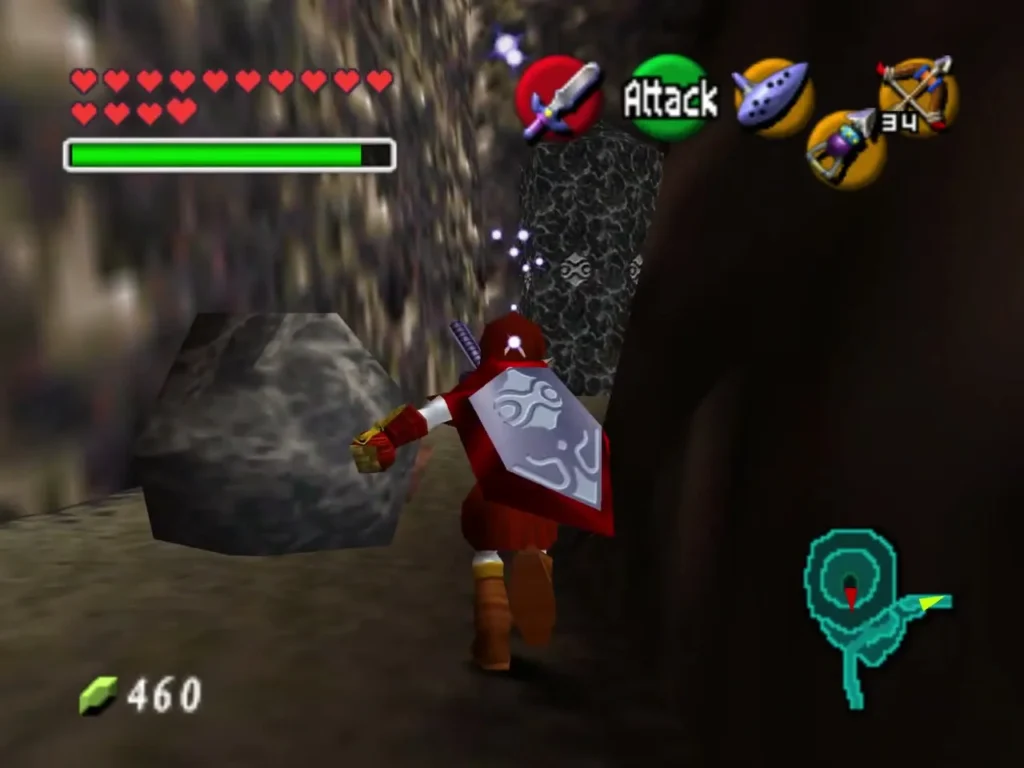Link beside a grey boulder and the large black pillar outside Ganon's Castle Link beside a grey boulder and the large black pillar outside Ganon's Castle