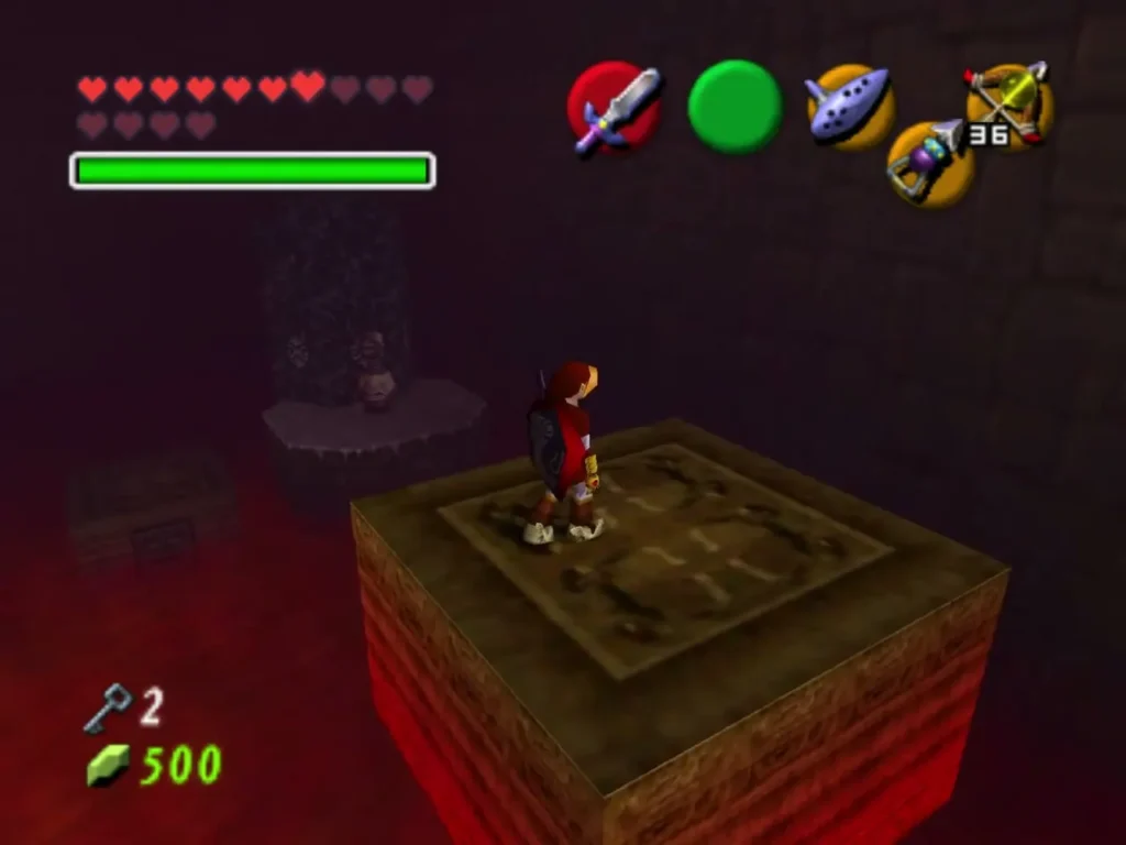 Link on a tiled platform over the lava with another platform beyond Link on a tiled platform over the lava with another platform beyond