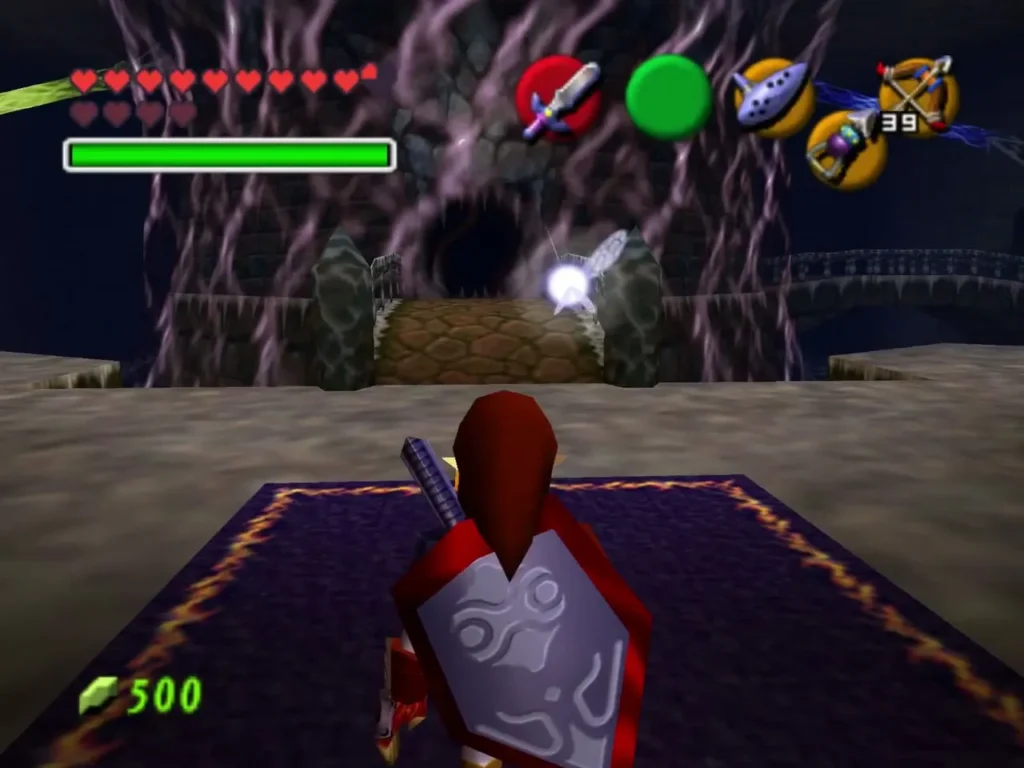 Link facing the pulsing purple barrier and the bridge to the tower in the main hall Link facing the pulsing purple barrier and the bridge to the tower in the main hall