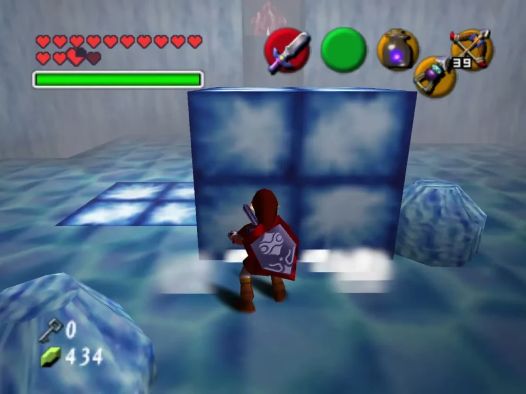 Link at a blue ice block pushed up against the wall near the pit Link at a blue ice block pushed up against the wall near the pit