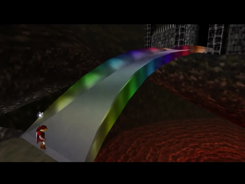 The rainbow bridge stretching across the lava toward the castle The rainbow bridge stretching across the lava toward the castle