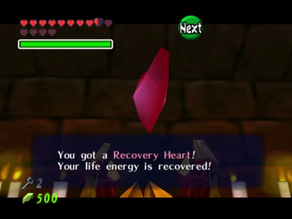 Dialog box reading You got a Recovery Heart! with Link's life energy restored Dialog box reading You got a Recovery Heart! with Link's life energy restored