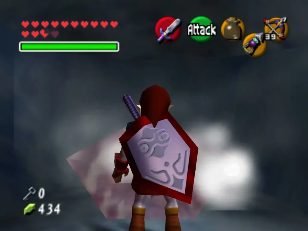 Link from behind, shield raised, as white ice shards burst beside the red ice Link from behind, shield raised, as white ice shards burst beside the red ice