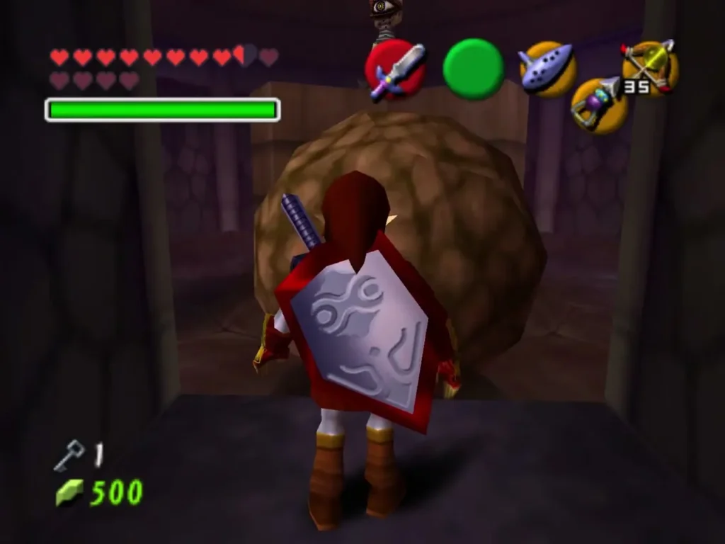 Link facing a rolling boulder in the stone corridor Link facing a rolling boulder in the stone corridor