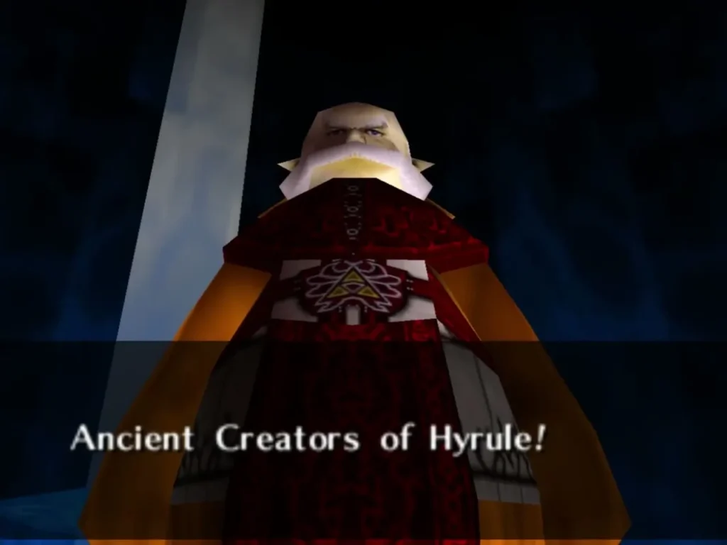 A robed sage addressing the Ancient Creators of Hyrule in a dark hall A robed sage addressing the Ancient Creators of Hyrule in a dark hall