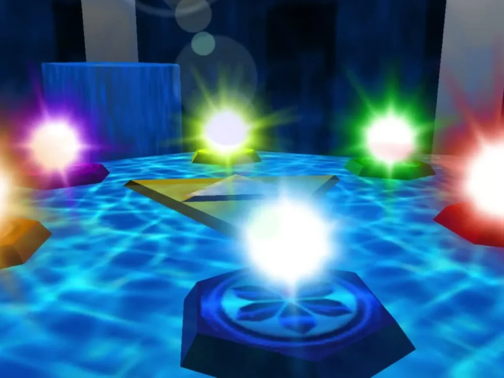 Five glowing sage crystals around a blue pedestal as the seal forms Five glowing sage crystals around a blue pedestal as the seal forms