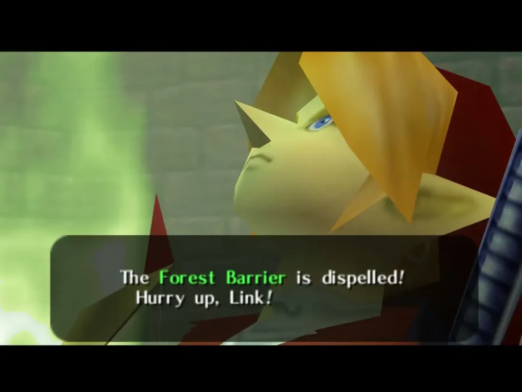A Sage with the message "The Forest Barrier is dispelled! Hurry up, Link!" over a close view of the face A Sage with the message "The Forest Barrier is dispelled! Hurry up, Link!" over a close view of the face
