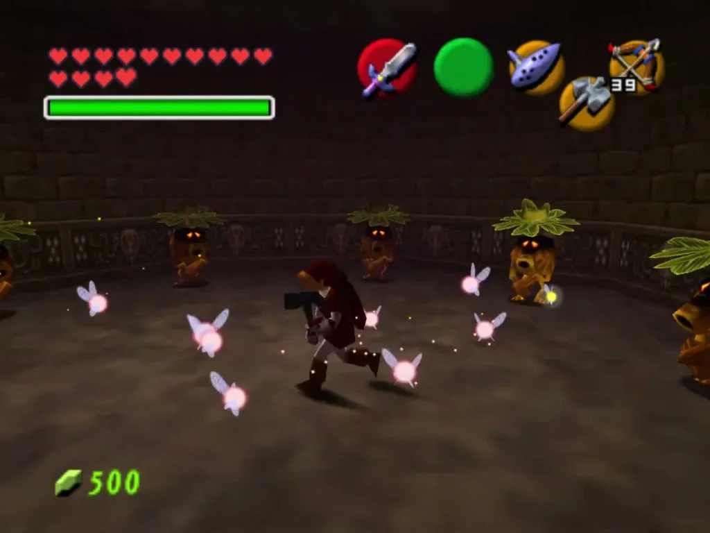 Link in the hidden room with Business Scrubs standing against the wall and fairies fluttering around him Link in the hidden room with Business Scrubs standing against the wall and fairies fluttering around him