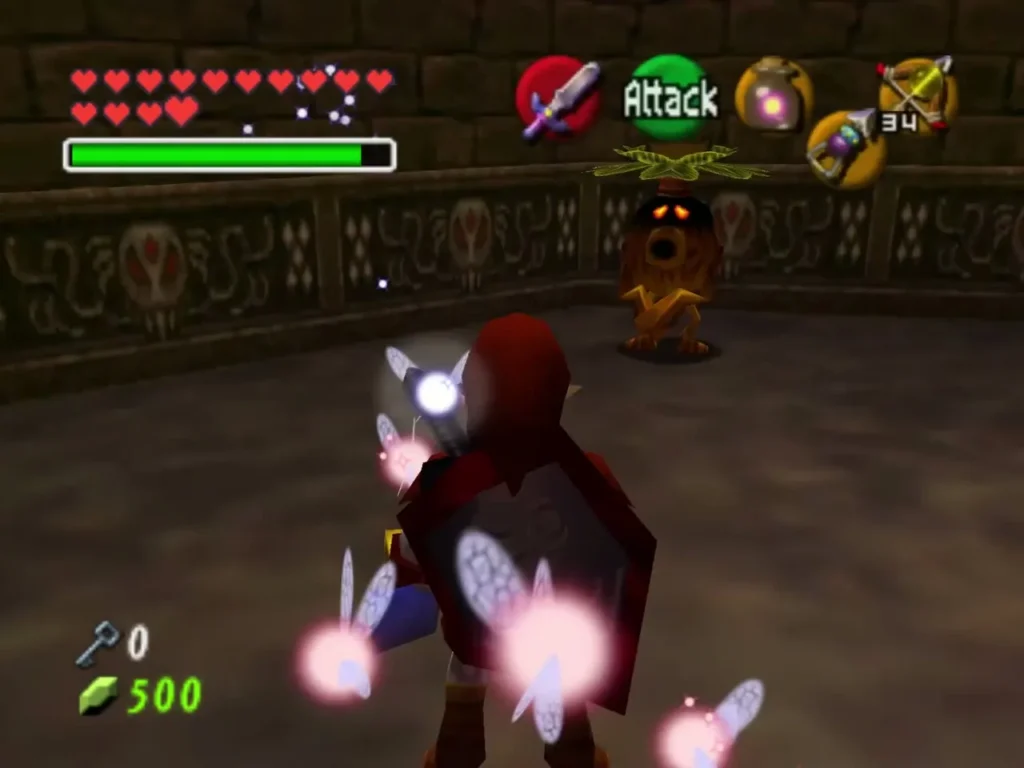 Link surrounded by fairies in the Scrub room, with a Deku Scrub behind him Link surrounded by fairies in the Scrub room, with a Deku Scrub behind him