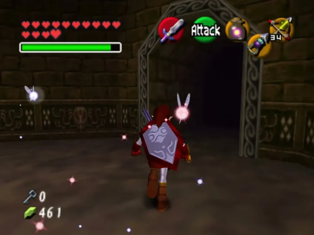 Link walking out of the Scrub room through a stone archway Link walking out of the Scrub room through a stone archway