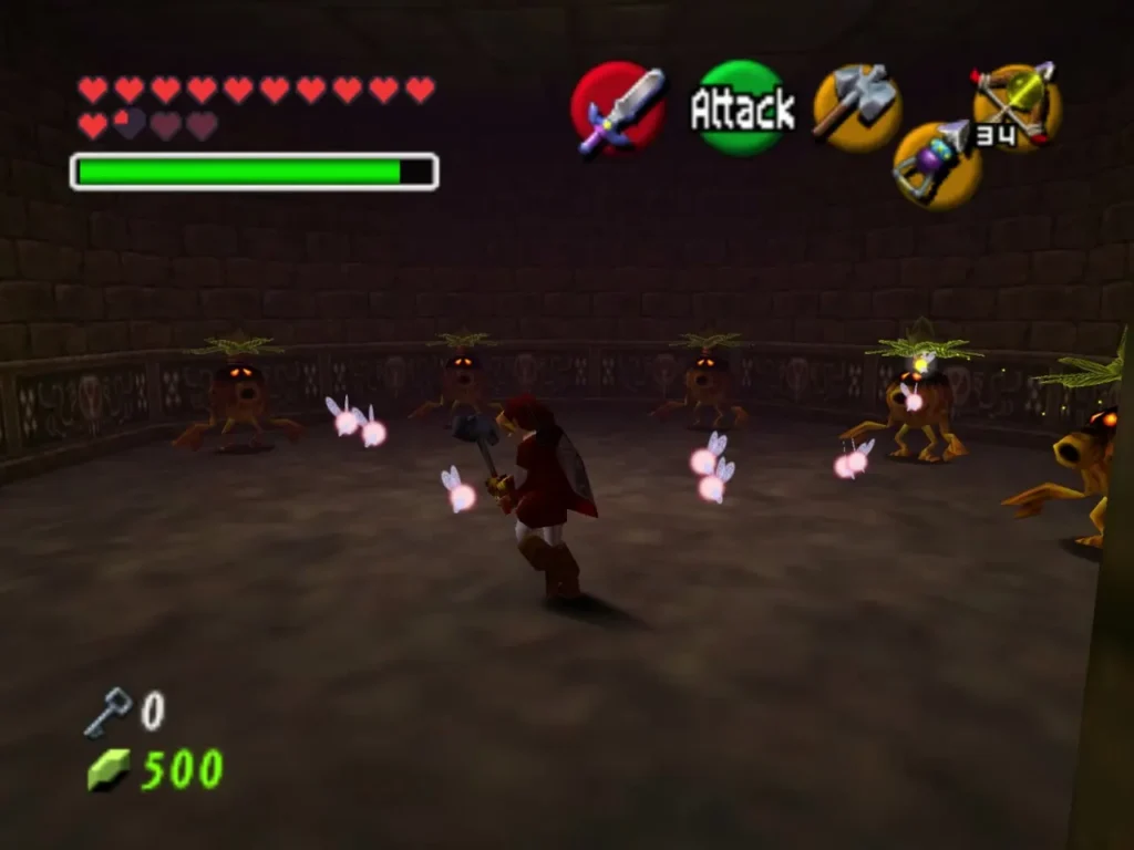 Link in the hidden Scrub room, surrounded by Deku Scrubs and fairies Link in the hidden Scrub room, surrounded by Deku Scrubs and fairies