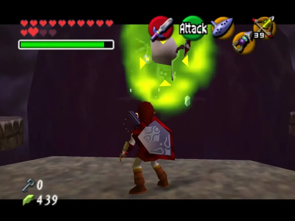 Link facing a Green Bubble skull in the purple cavern, enemy locked on Link facing a Green Bubble skull in the purple cavern, enemy locked on