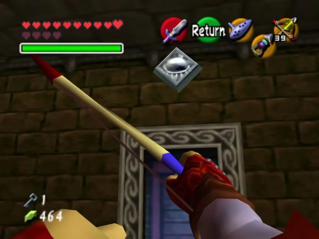 Link aiming an arrow at the silver eye switch above the doorway Link aiming an arrow at the silver eye switch above the doorway