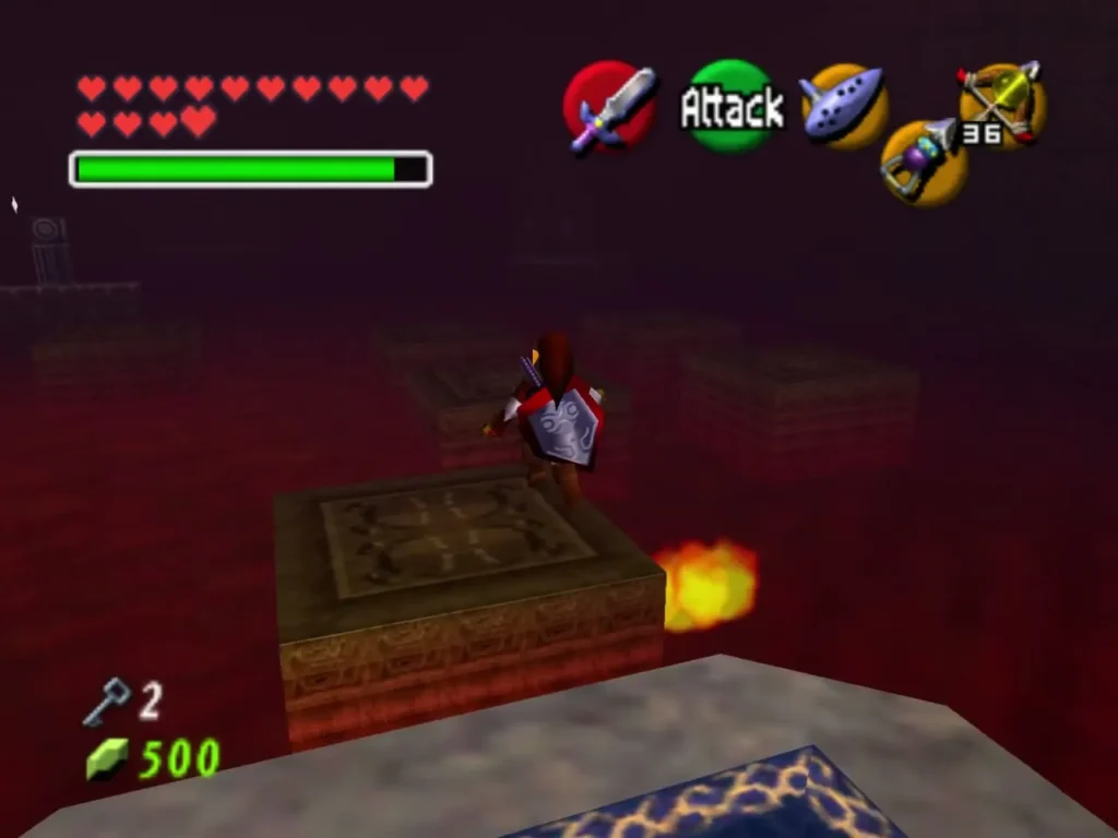 Link standing on a stone platform above the lava in the Fire Trial Link standing on a stone platform above the lava in the Fire Trial