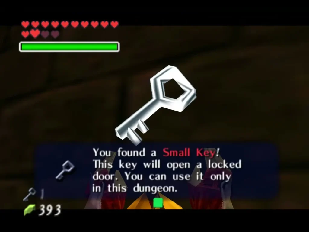 The Small Key held above Link with the "You found a Small Key!" box fully shown The Small Key held above Link with the "You found a Small Key!" box fully shown
