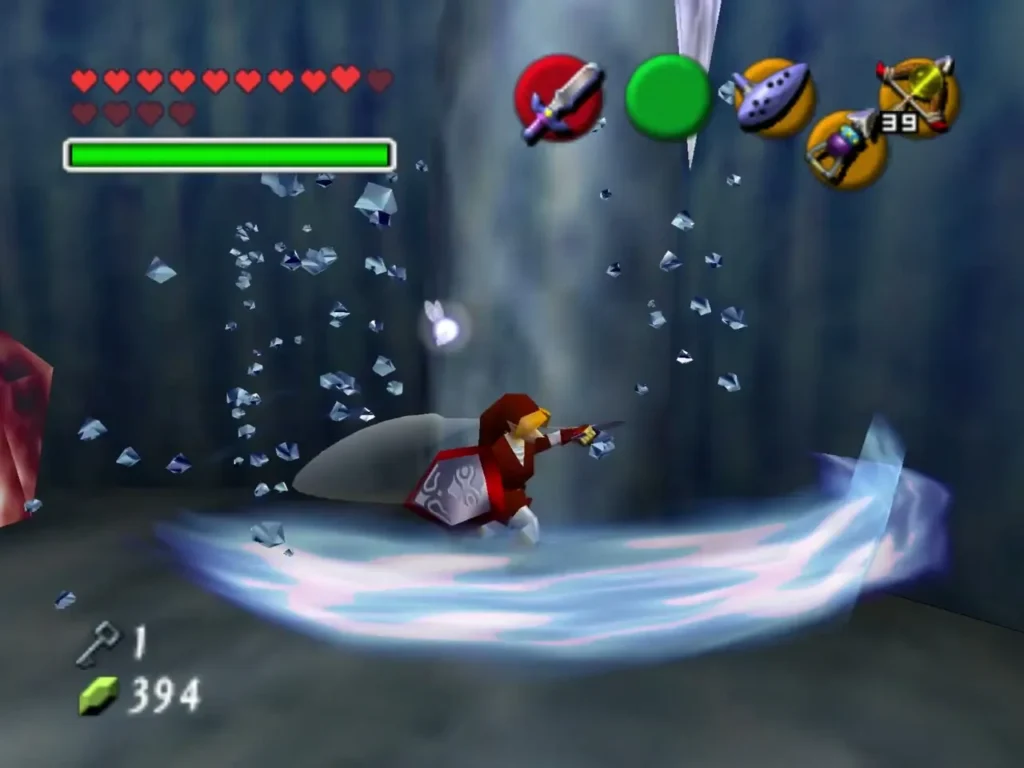 Link spinning in a ring of blue water and flying ice shards Link spinning in a ring of blue water and flying ice shards
