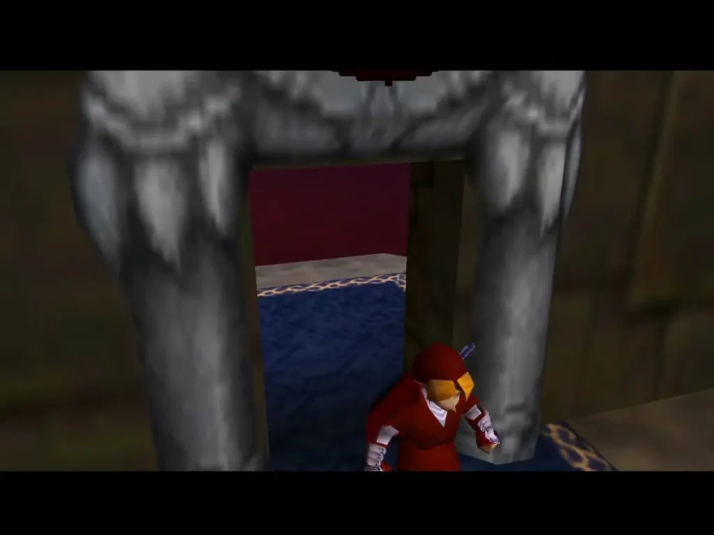 Link entering the Spirit Trial doorway between two stone statue legs Link entering the Spirit Trial doorway between two stone statue legs