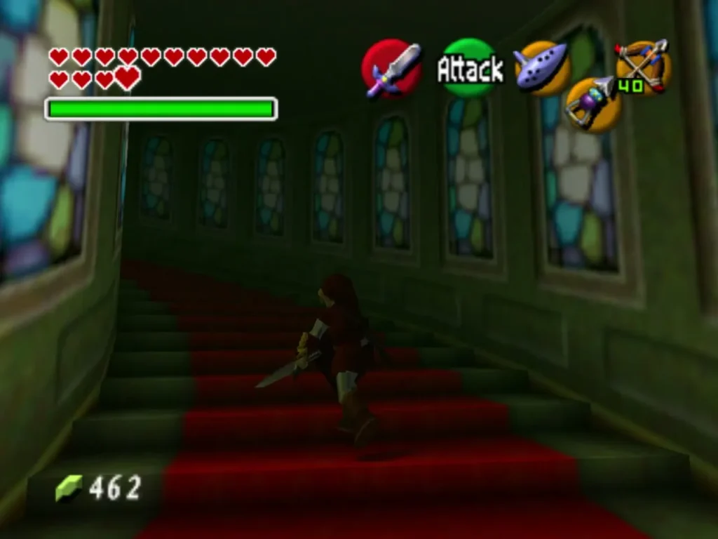 Link climbing a red-carpeted staircase below tall stained-glass windows Link climbing a red-carpeted staircase below tall stained-glass windows