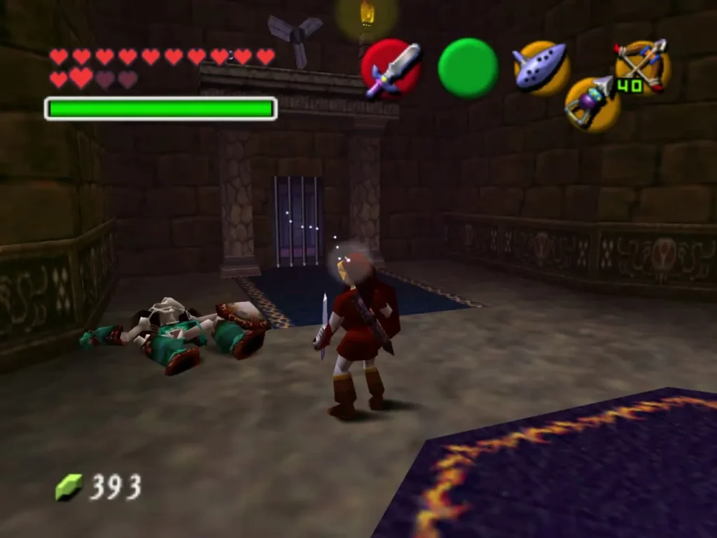 Both Stalfos lying defeated on the floor in front of the barred door Both Stalfos lying defeated on the floor in front of the barred door