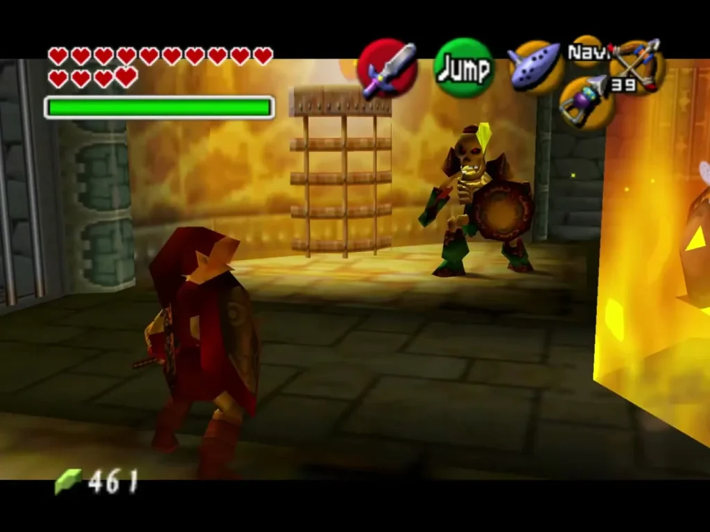 Link raising his shield toward a Stalfos in the fire-lit room Link raising his shield toward a Stalfos in the fire-lit room