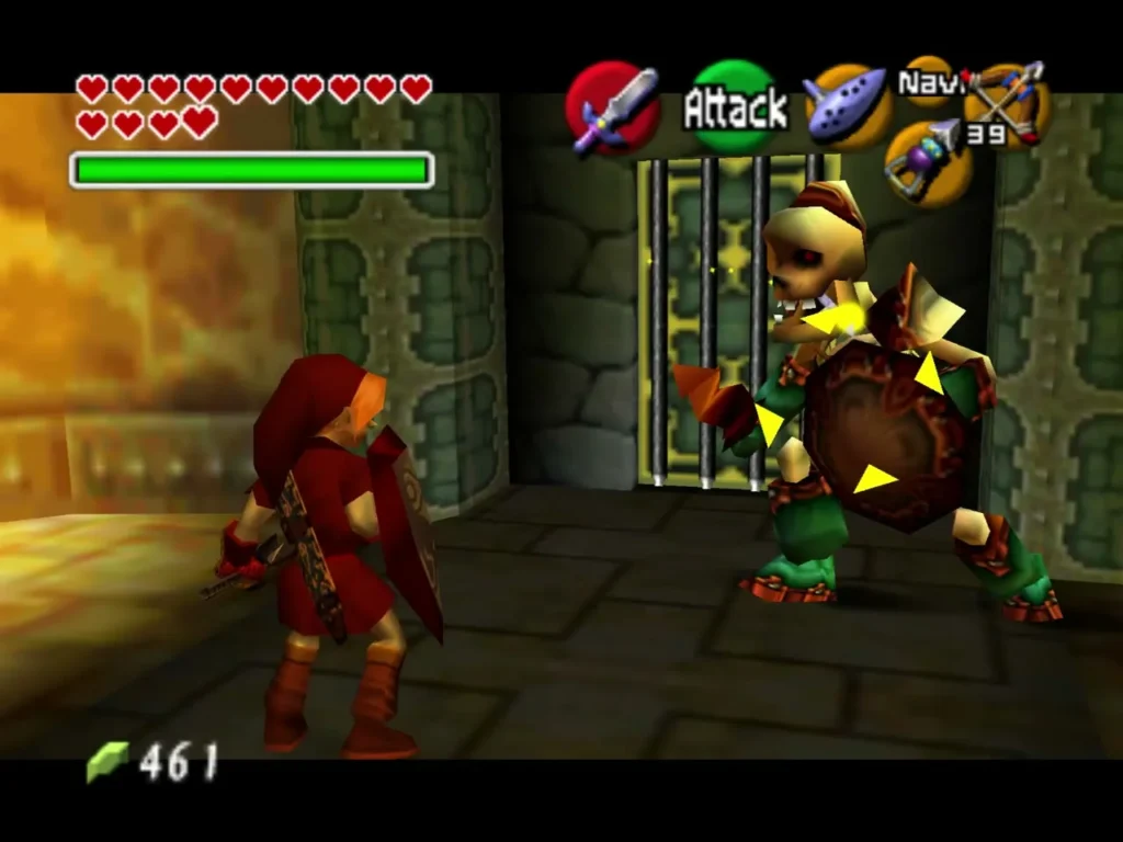Link striking a Stalfos near the barred gate of the fire room Link striking a Stalfos near the barred gate of the fire room