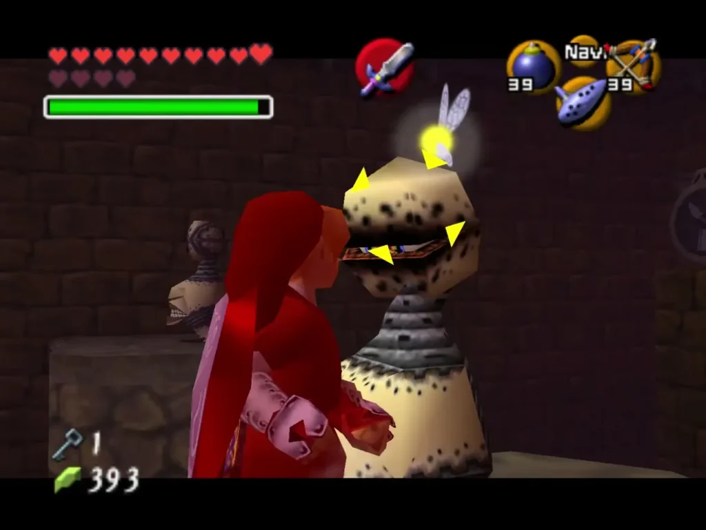 Link targeting a spotted stone statue enemy on a platform with a fairy above it Link targeting a spotted stone statue enemy on a platform with a fairy above it
