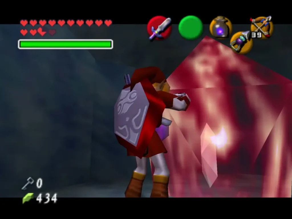 Link beside a red ice block in the alcove, the ice blocking his way Link beside a red ice block in the alcove, the ice blocking his way