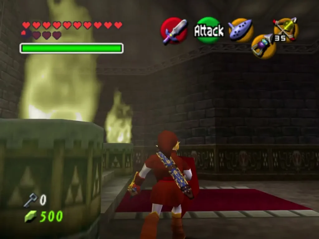 Link beside a burning torch in the room with the red carpet Link beside a burning torch in the room with the red carpet
